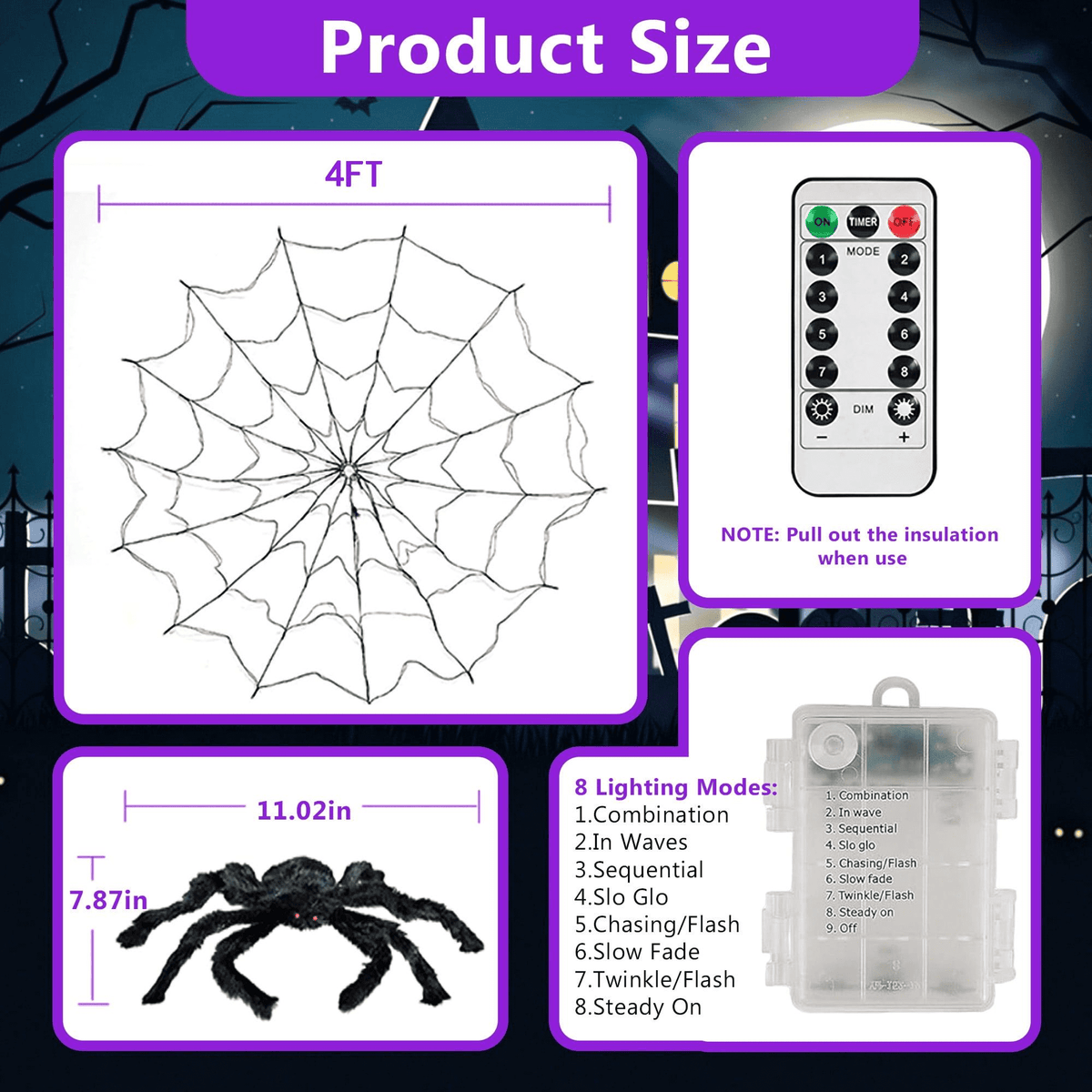 DAYBETTER Halloween Spider Web Lights, 4FT Purple LEDs with Hairy Black Spider, Remote Control, Waterproof for Indoor, Outdoor, Halloween Decor