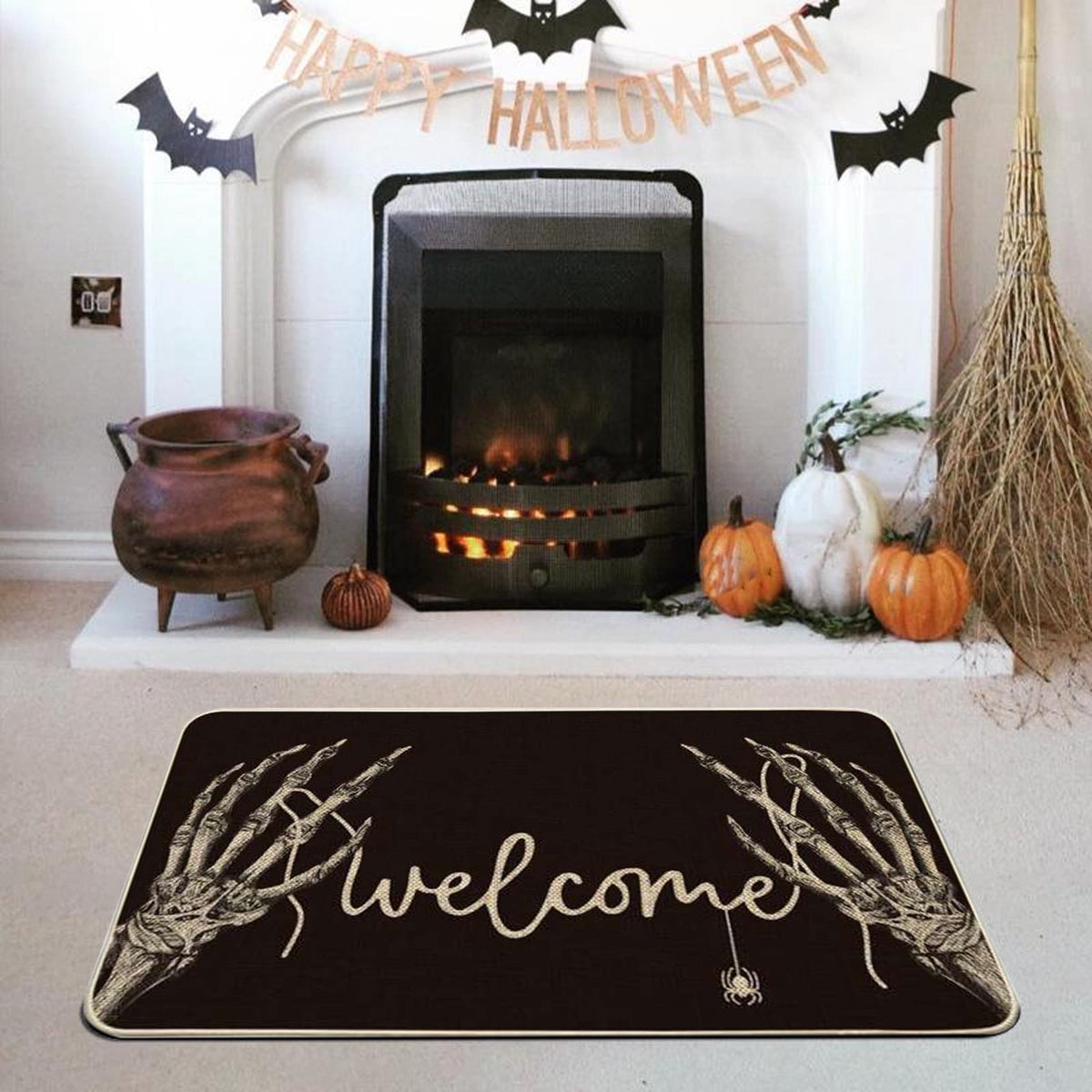 Halloween Skull Doormat Rug Indoor Outdoor,Skeleton Trick Or Treat Black Doormat Fall Door Mat Welcome Anti-Slip Front Entrance Holiday Seasonal Decoration 16 X 24 Inch