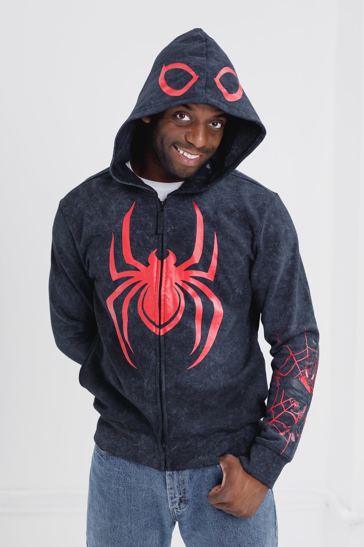 Marvel Spider-Man Adult Men or Women Cosplay Fleece Zip-Up Hoodie Miles Morales Charcoal