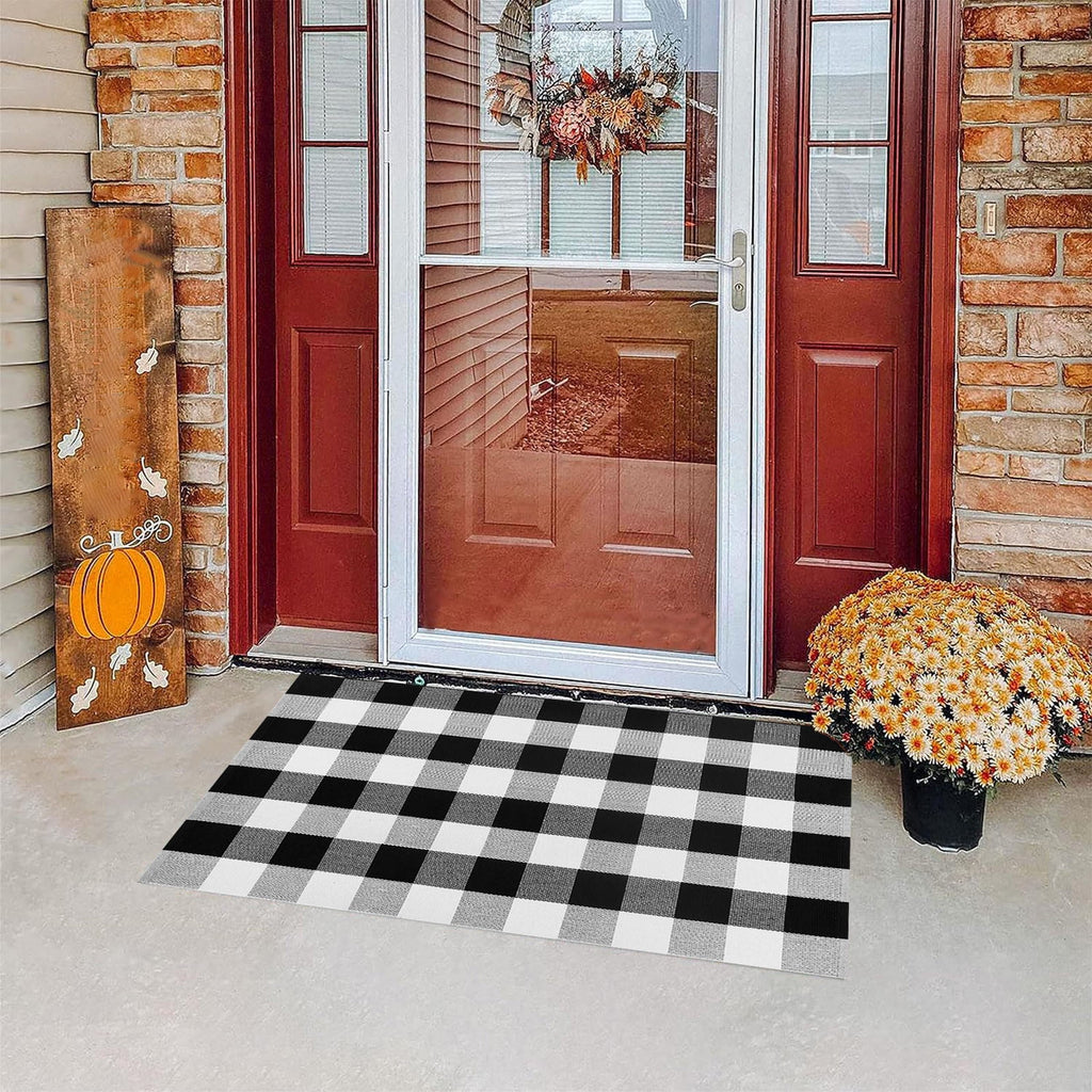 Fall Plaid Mat, 16*24" Autumn Front Door Decor Mat, Cotton Washable Hand-Woven Door Mat for Layered Doormat, Autumn Halloween Thanksgiving Carpet for Porch, Entryway