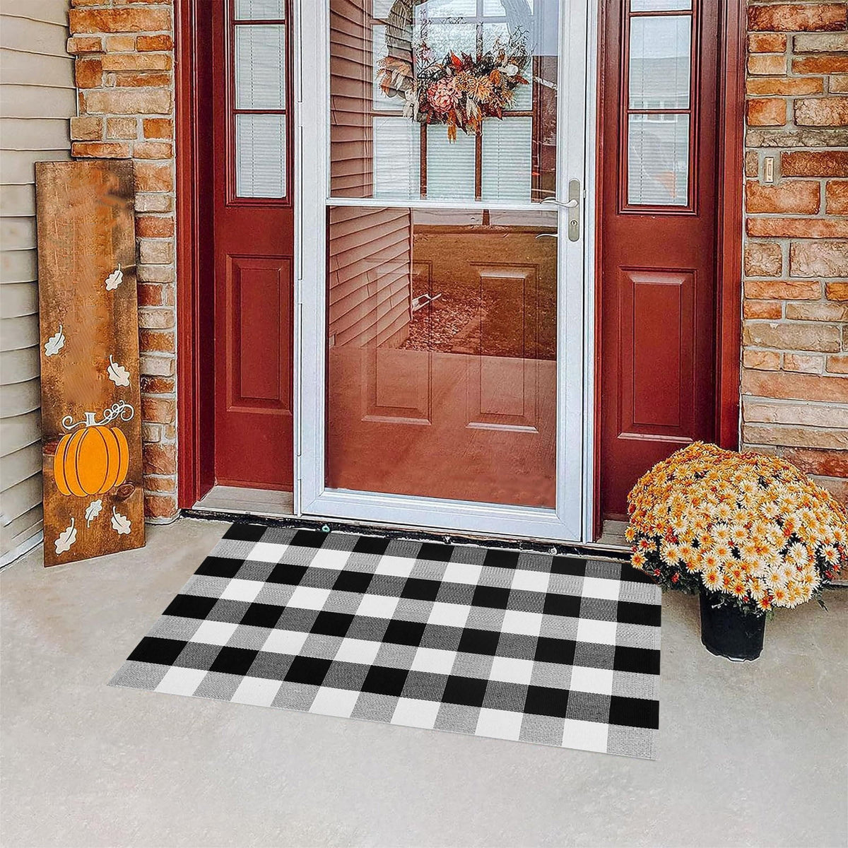 Fnochy Halloween Door Mat Outdoor 23.6"x35.4", Fall Decor Buffalo Plaid Outdoor Rug, Farmhouse Checkered Layered Welcome Door Mat for Entryway, Halloween Front Porch Decor, Orange and White