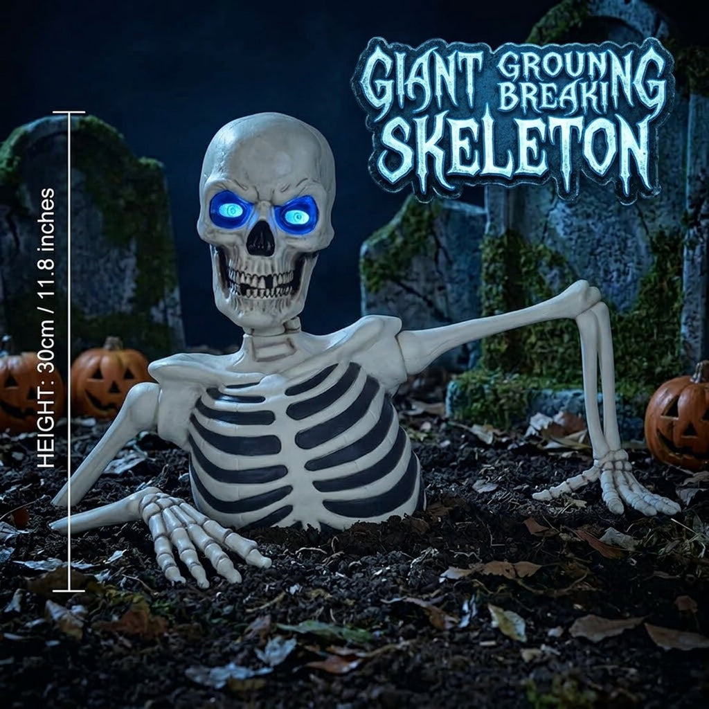 Giant Ground Breaking Half Skeleton Halloween Prop,11.8 Inch Animated Ghost Skeleton Decor with Sound Activated LCD Glowing Eyes,Outdoor Graveyard Haunted Yard Spooky Party Decoration