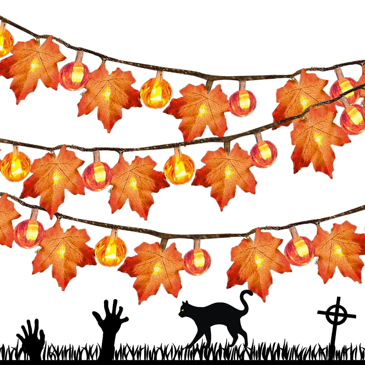 TETOU 19.6ft 40 Led Maple Leaf with Pumpkin Orange Lights Garland for Home Thanksgiving Decoration