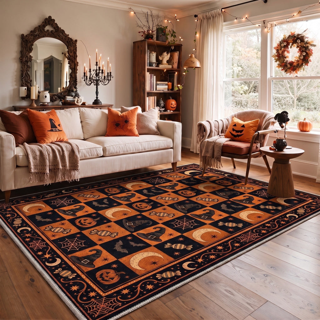 GENIMO 2'x7' Halloween Runner Rug, Washable Non Slip Soft Vintage Witch Indoor Outdoor Hallway Runner for Porch Patio Kitchen Entryway, Vintage Black