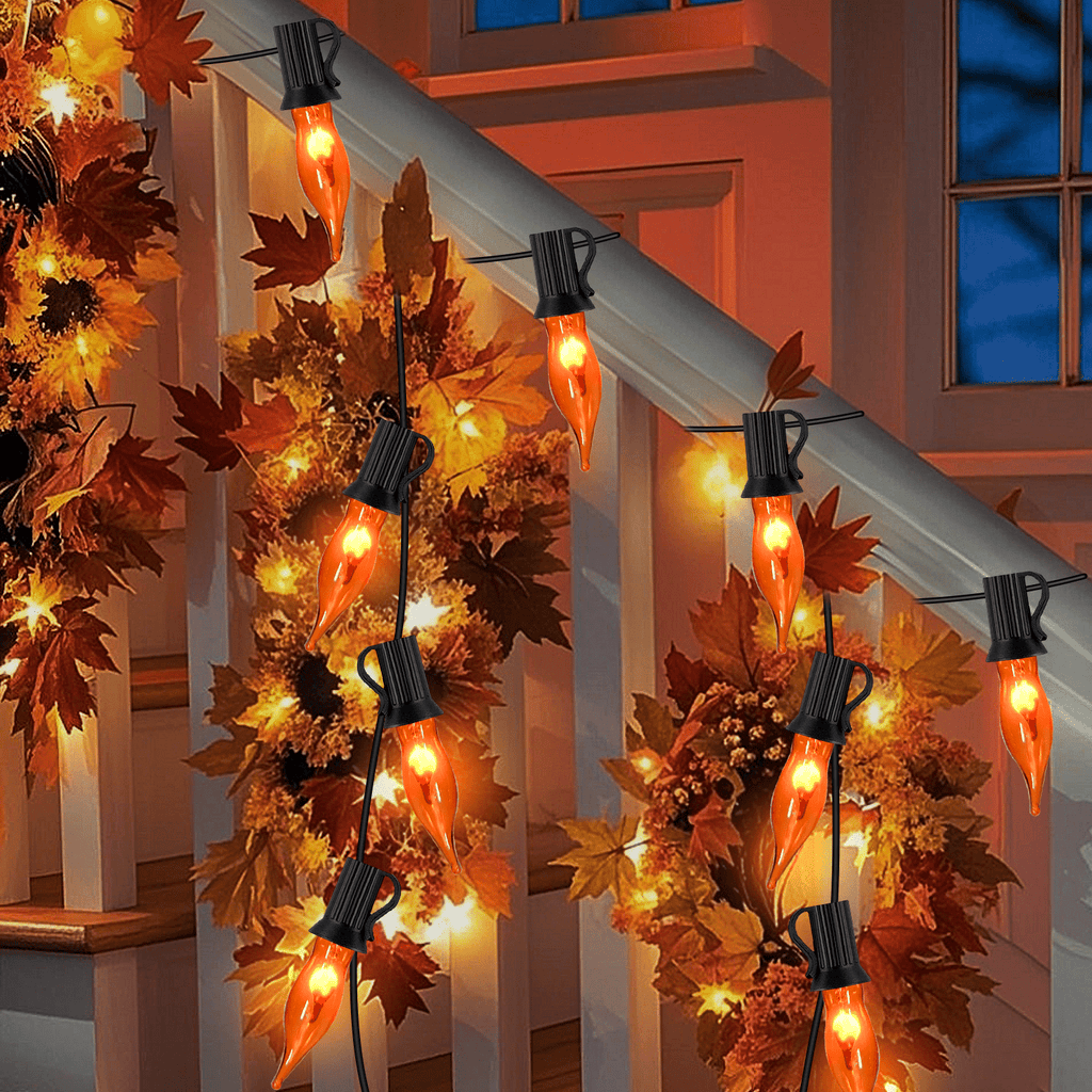 Halloween Lights Flickering Flame String Lights with 12 Pack C7 Orange Flame Light Bulbs (2 Spare), 12.8Ft Orange Flame String Lights for Indoor Outdoor Home Party Yard Halloween Decorations