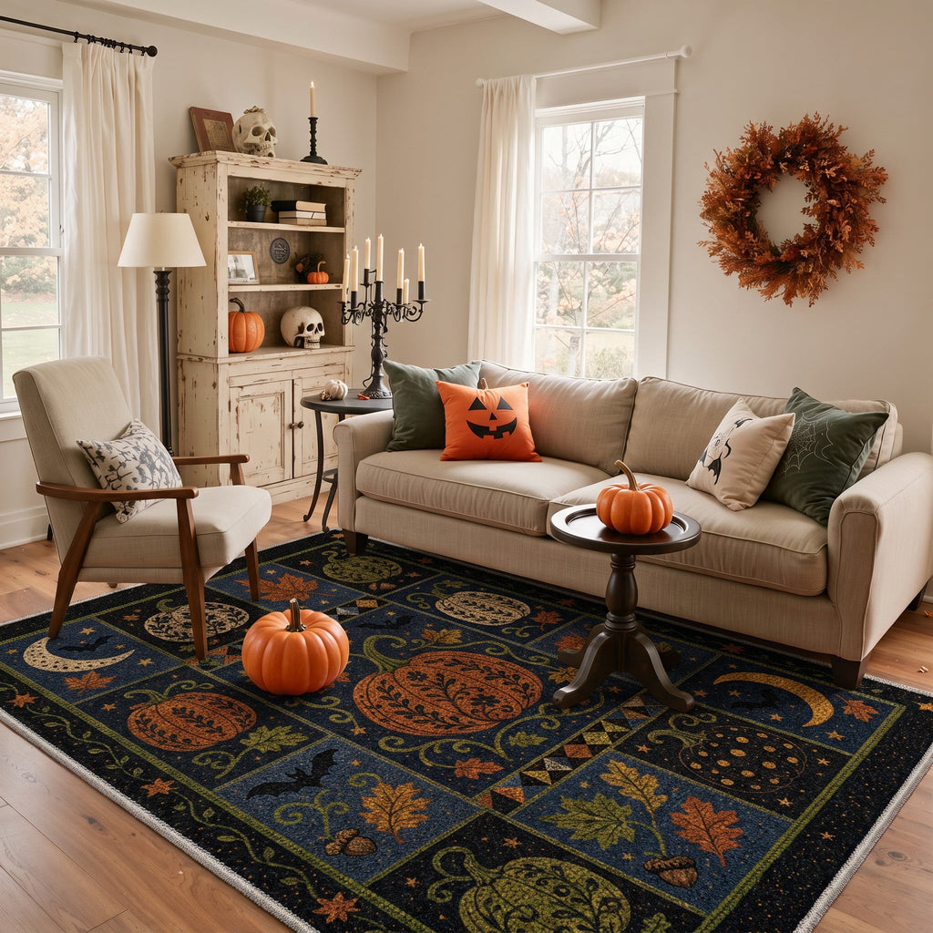 GENIMO 5'x7' Halloween Area Rug for Living Room, Washable Non Slip Soft Vintage Witch Indoor Rug for Bedroom Dining Room Home Office, Retro Sepia