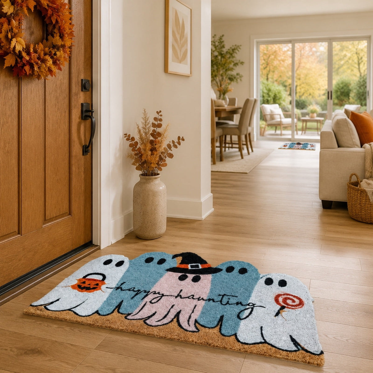 Diceymbol 23.6 x 15.7 Inch Happy Haunting Ghost Doormat, Cute Irregular Halloween Front Door Mat for Entryway Porch and Indoor Decor