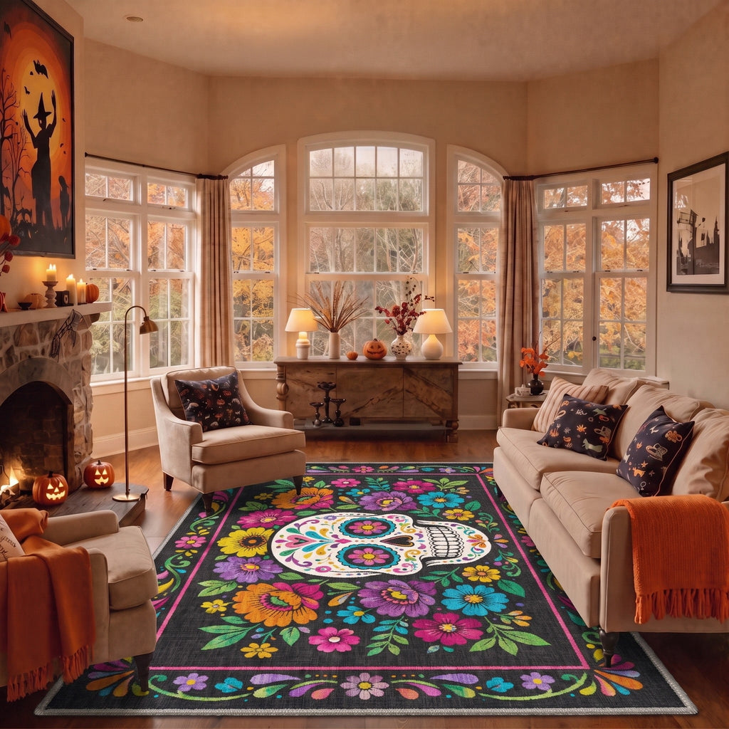 GENIMO 2'x7' Halloween Runner Rug, Washable Non Slip Soft Whimsical Skeleton Indoor Outdoor Hallway Runner for Porch Patio Kitchen Entryway, Charcoal Black