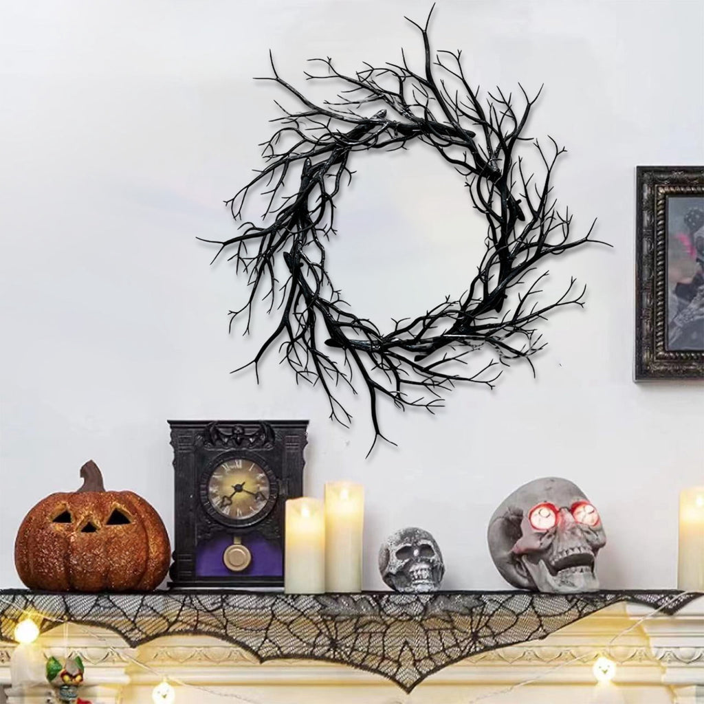 WWC Halloween Wreath, 18 inch Black Bats and Bare Branch Wreath, Gothic Halloween Decor Twig Wreath for Halloween Party Front Door Porch and Fireplace