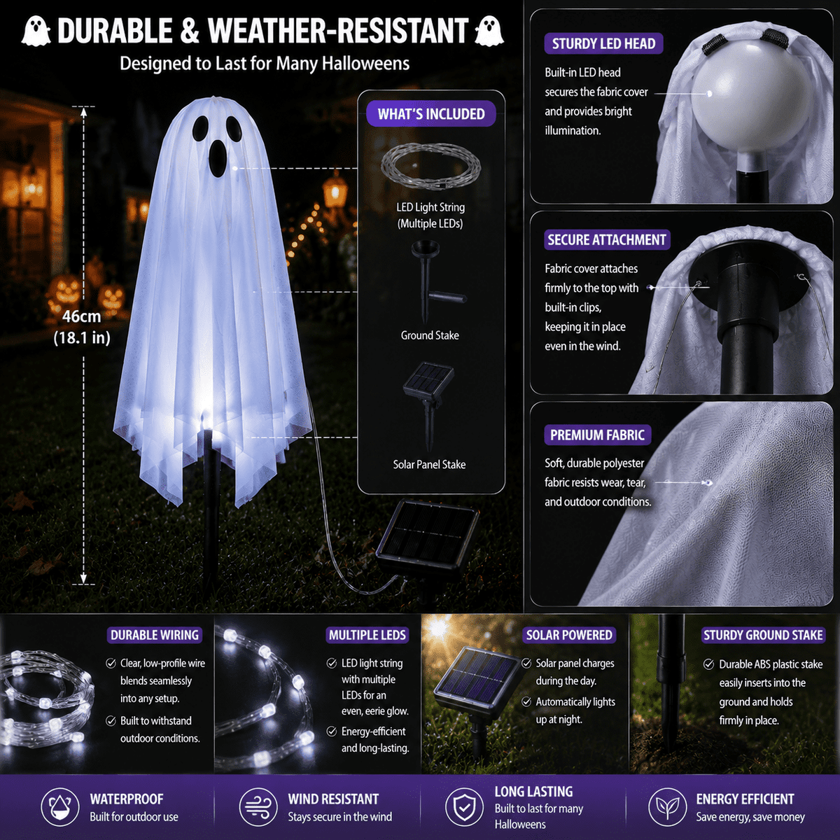6 Pack Solar Halloween Ghost String Stake Lights, White LED Pathway Lights with 8 Lighting Modes, Waterproof Outdoor Halloween Decor for Garden Yard Lawn Walkway Graveyard Decor
