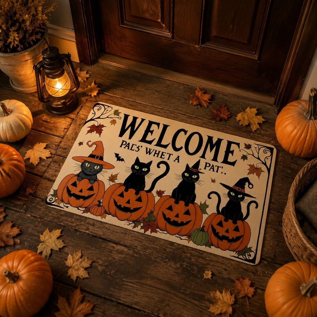 Halloween Black Cat Doormat, 23.6x15.7 Inch Spooky Pumpkin Floor Rug, Non-Slip Seasonal Entryway Mat for Front Door Porch & Indoor Decor