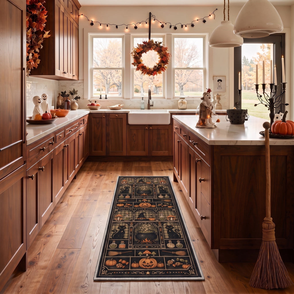GENIMO 2'x7' Halloween Runner Rug, Washable Non Slip Soft Farmhouse Pumpkin Indoor Outdoor Hallway Runner for Porch Patio Kitchen Entryway, Vintage Sepia