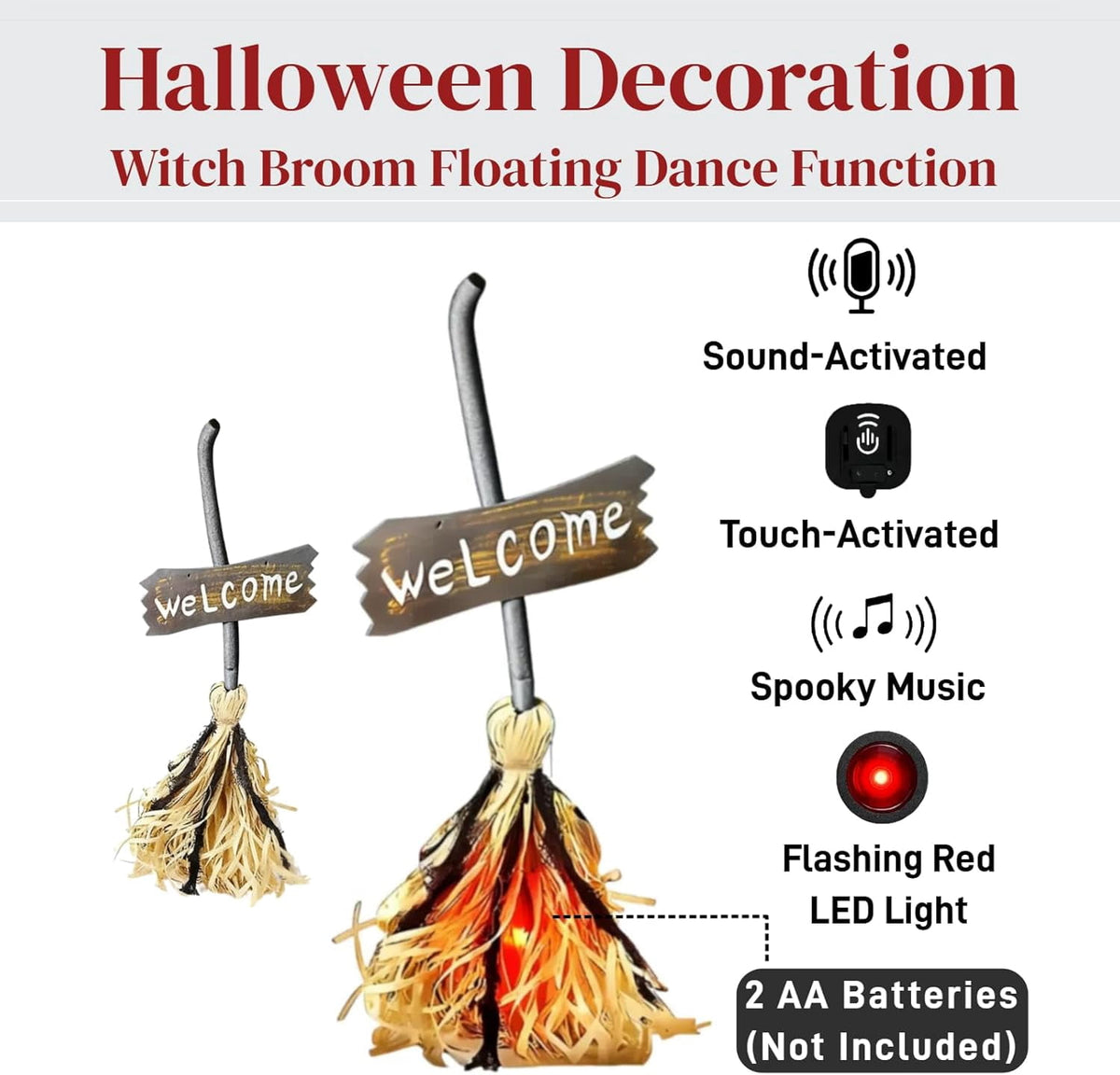 Halloween Witches Decor, Witches Broom Halloween Decor, Animated Floating Broomstick for Spooky Sounds, Haunted Party Decorations, Light-up Dancing Magic Witch Broom Porch Decor