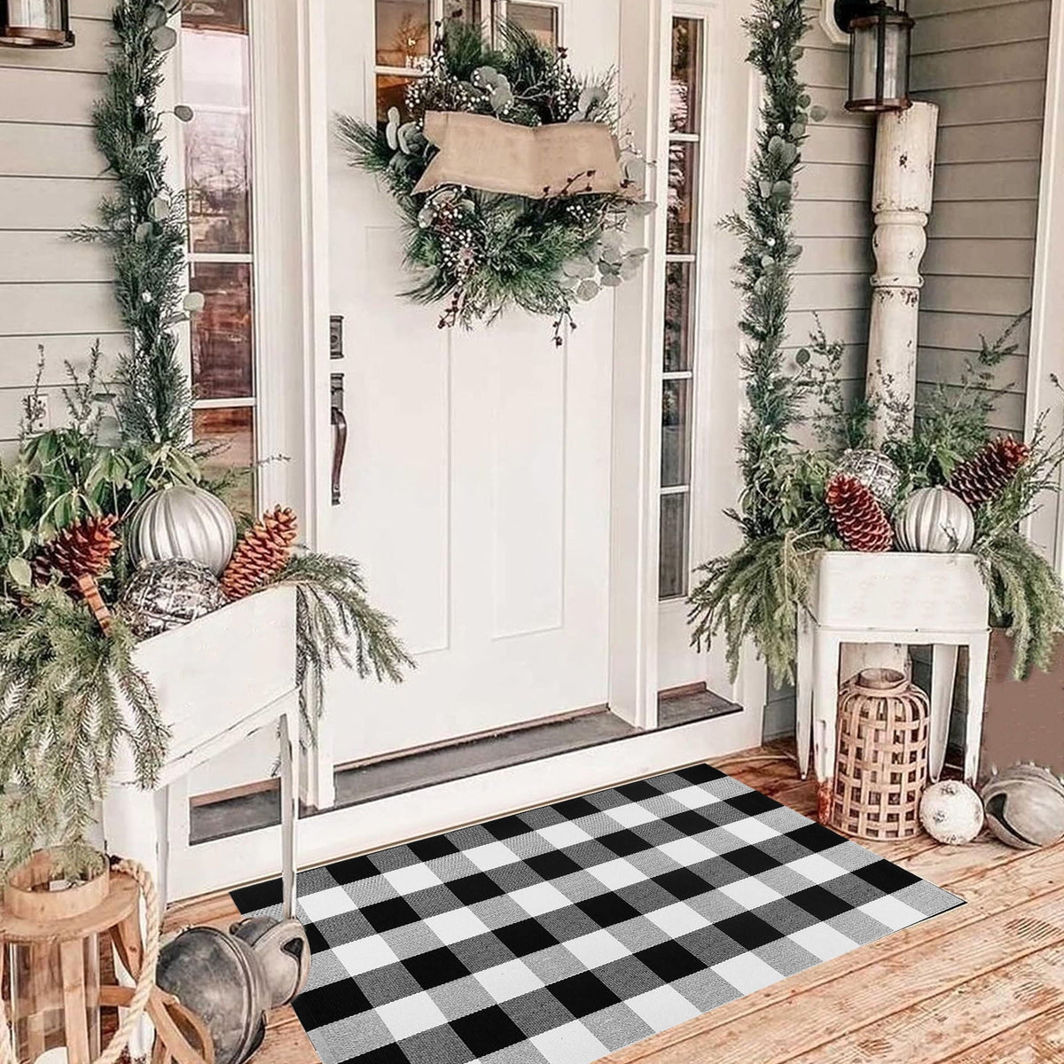 Fall Outdoor Rug Orange Plaid Doormat Autumn Front Door Rug Farmhouse Entryway Porch Layered Carpet Seasonal Halloween Thanksgiving Decorative Floor Mat Indoor Outdoor Home Entrance Decor