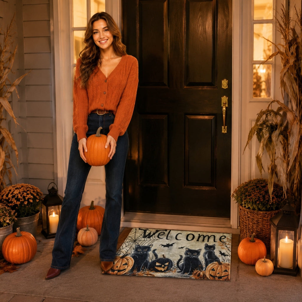 Halloween Black Cat Doormat, 23.6x15.7 Inch Spooky Pumpkin Floor Rug, Non-Slip Seasonal Entryway Mat for Front Door Porch & Indoor Decor