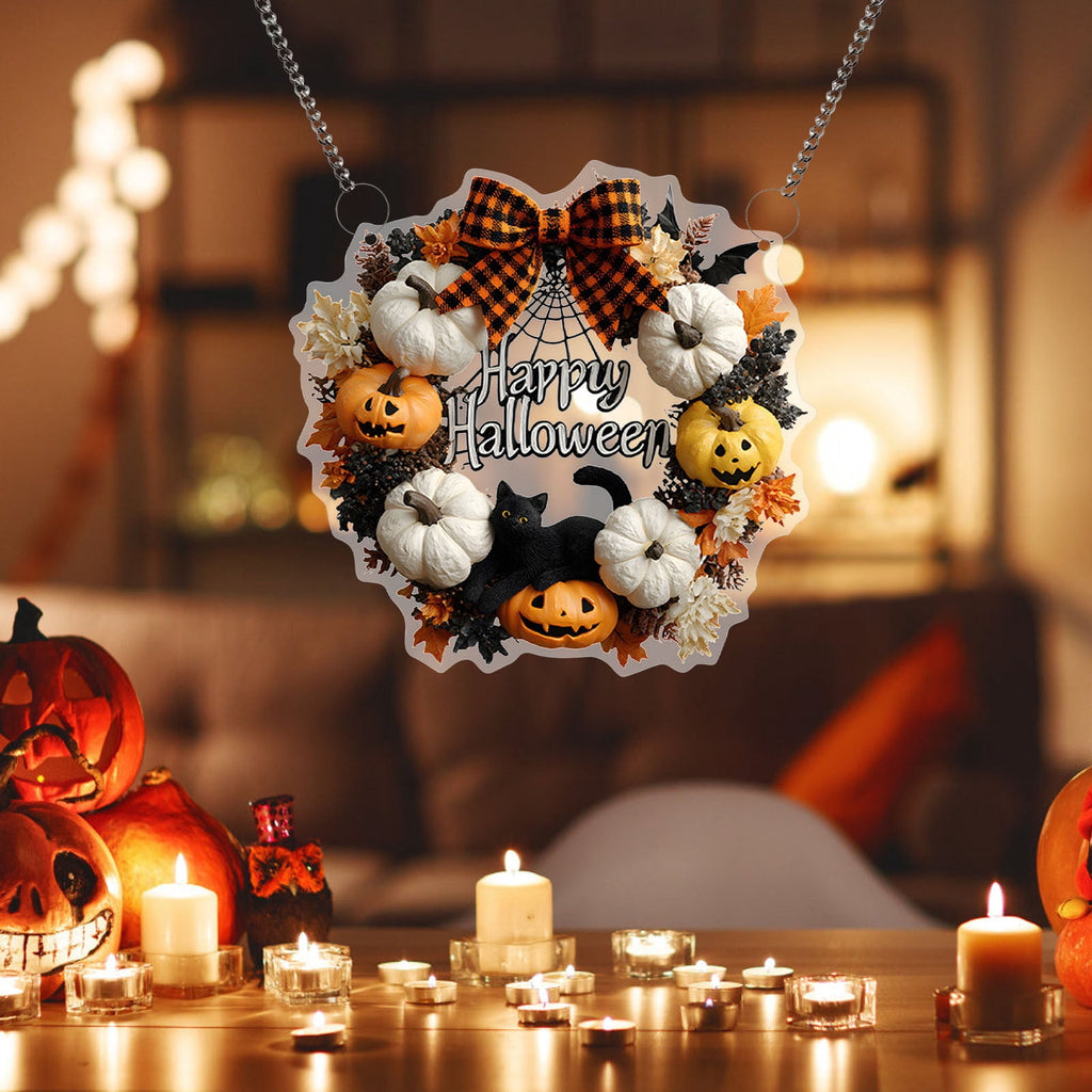 Btomtd Diameter 8" Pumpkin Skull Wreath Halloween Decor Acrylic Round Disk Hanging Ornament with Garland for Front Door Window, B