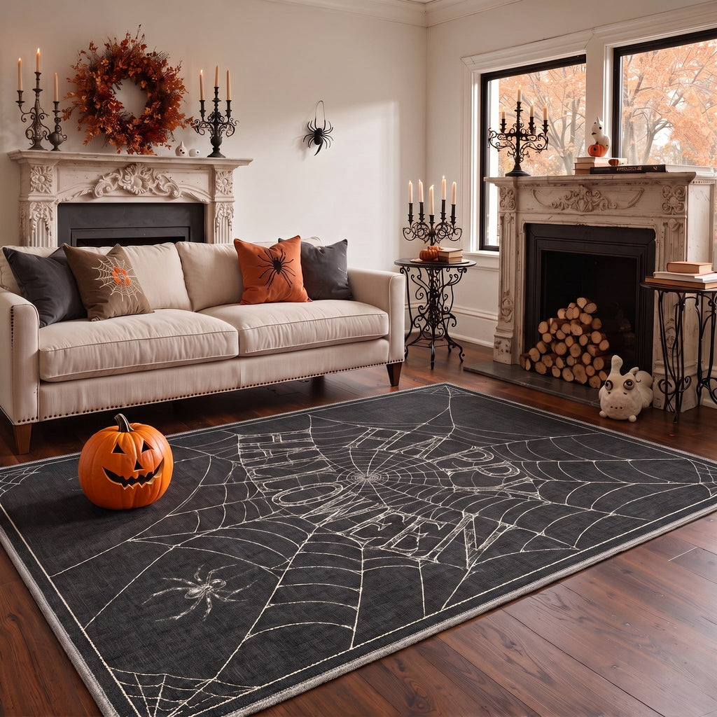 GENIMO 2'x7' Halloween Runner Rug, Washable Non Slip Soft Whimsical Skeleton Indoor Outdoor Hallway Runner for Porch Patio Kitchen Entryway, Charcoal Black