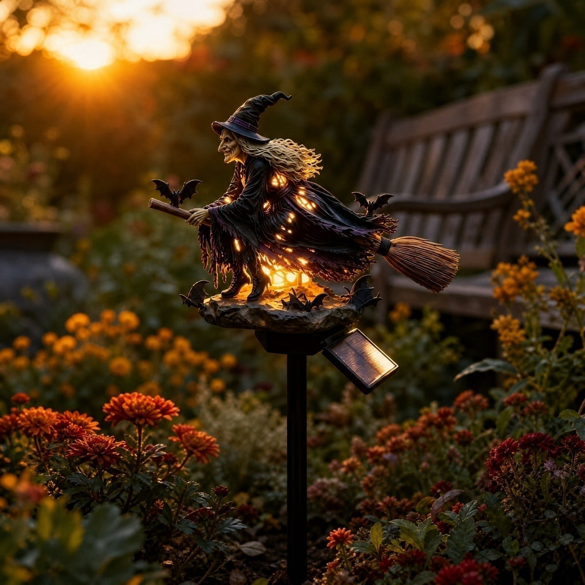 Halloween Witch Cauldron Garden Light, Solar Powered Halloween Projector Outdoor Decoration with Flying Witch and Lighted Cauldron, Witch Light Stake for Lawn Garden Porch Yard Decor, Style D