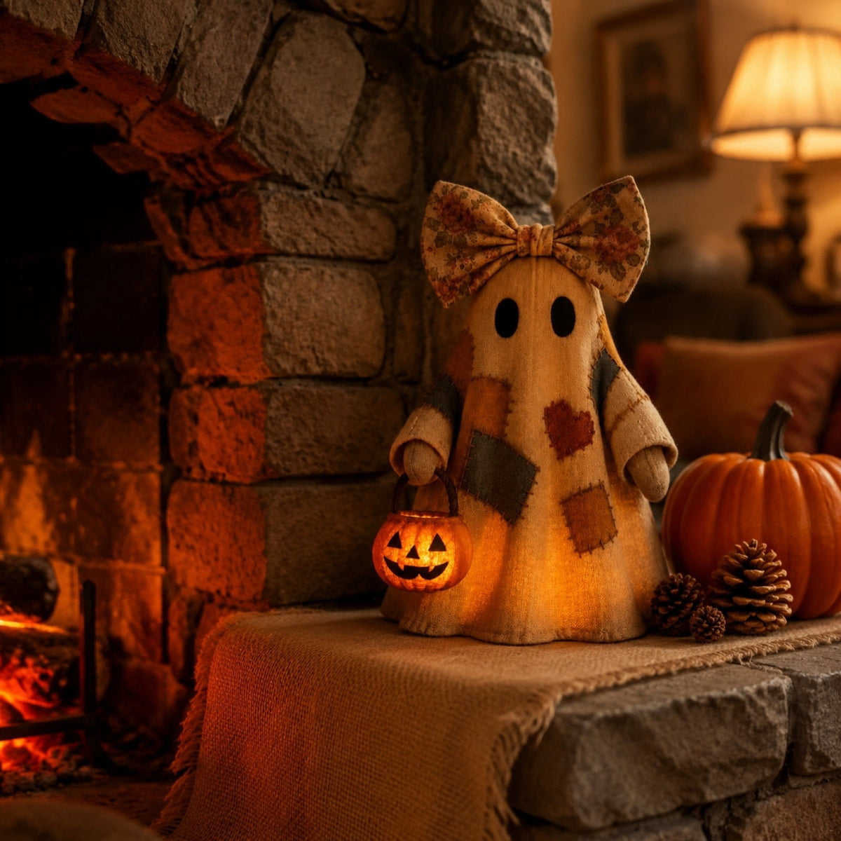 Lighted Vintage Patchwork Ghost, Rustic Farmhouse Halloween LED Light Up Ghost with Pumpkin Lantern, Spooky Cute Fall Decor for Mantel, Shelf, Tiered Tray, Entryway Porch Tabletop