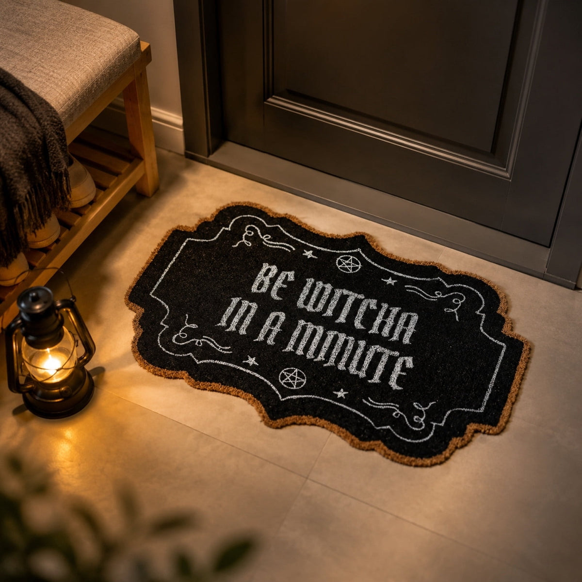 Be Witcha In A Minute Ornate Coir Doormat Halloween Decorations, Weather Resistant Non Slip Mat for Front Porch Witch Gothic Home Decor
