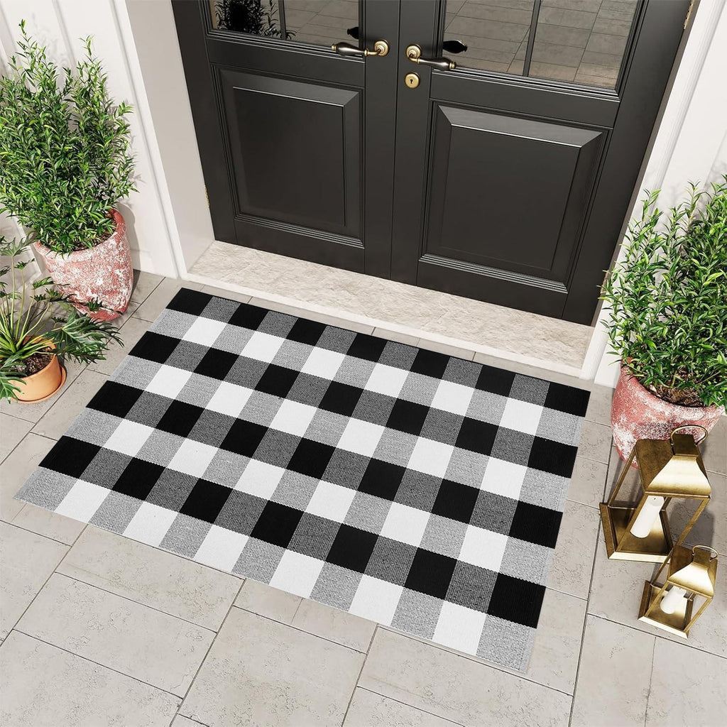 Fall Outdoor Rug Orange Plaid Doormat Autumn Front Door Rug Farmhouse Entryway Porch Layered Carpet Seasonal Halloween Thanksgiving Decorative Floor Mat Indoor Outdoor Home Entrance Decor