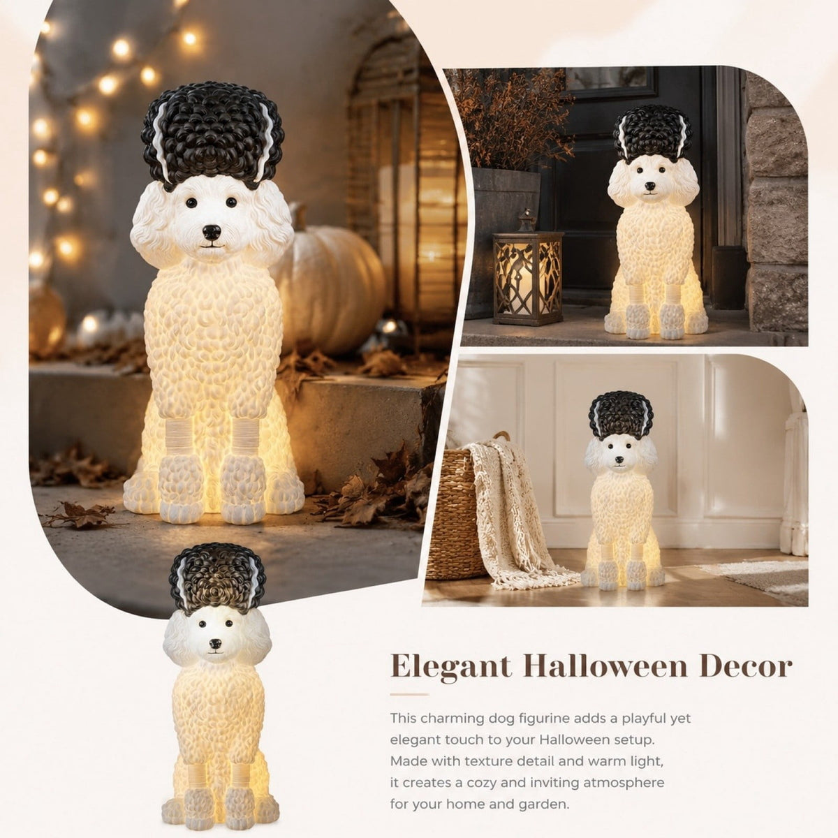 Halloween Ghost Dog Figurine, LED Light Statue, Yard Garden Decor, Treat Bucket Detail and Standing Sturdy Build for Front Porches, Garden Walkways and Tabletop Displays.