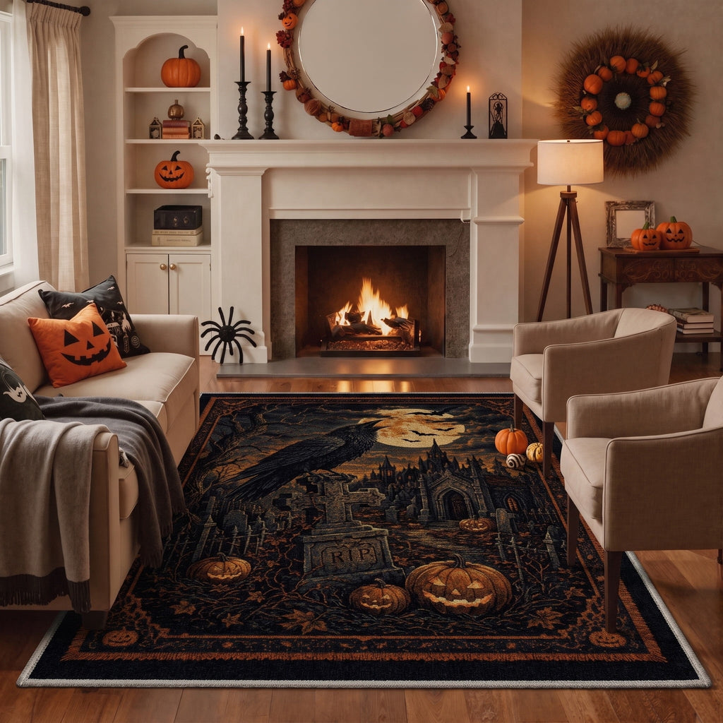 GENIMO 2'x7' Halloween Runner Rug, Washable Non Slip Soft Gothic Raven Indoor Outdoor Hallway Runner for Porch Patio Kitchen Entryway, Rust Orange