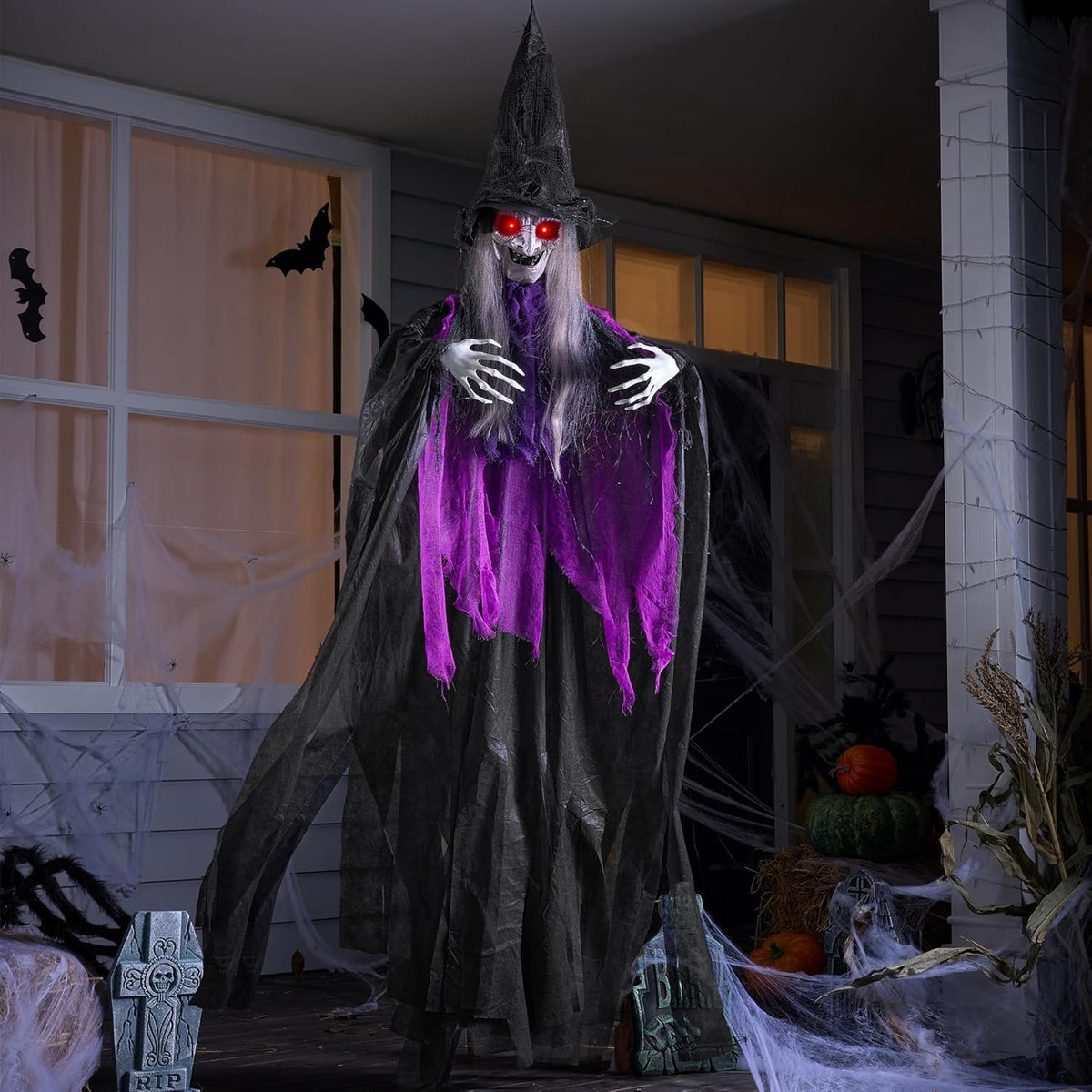 Joyfy 6ft Halloween Witch Decoration,Outdoor Scary Halloween Animatronic Hanging Witch with Light Up Eyes and Sound Decoration for Halloween Outdoor