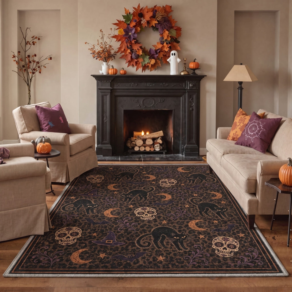 GENIMO 2'x3' Halloween Doormat, Washable Non Slip Soft Vintage Witch Outdoor Door Mat for Front Door Covered Porch Patio Entryway, Burnt Amber