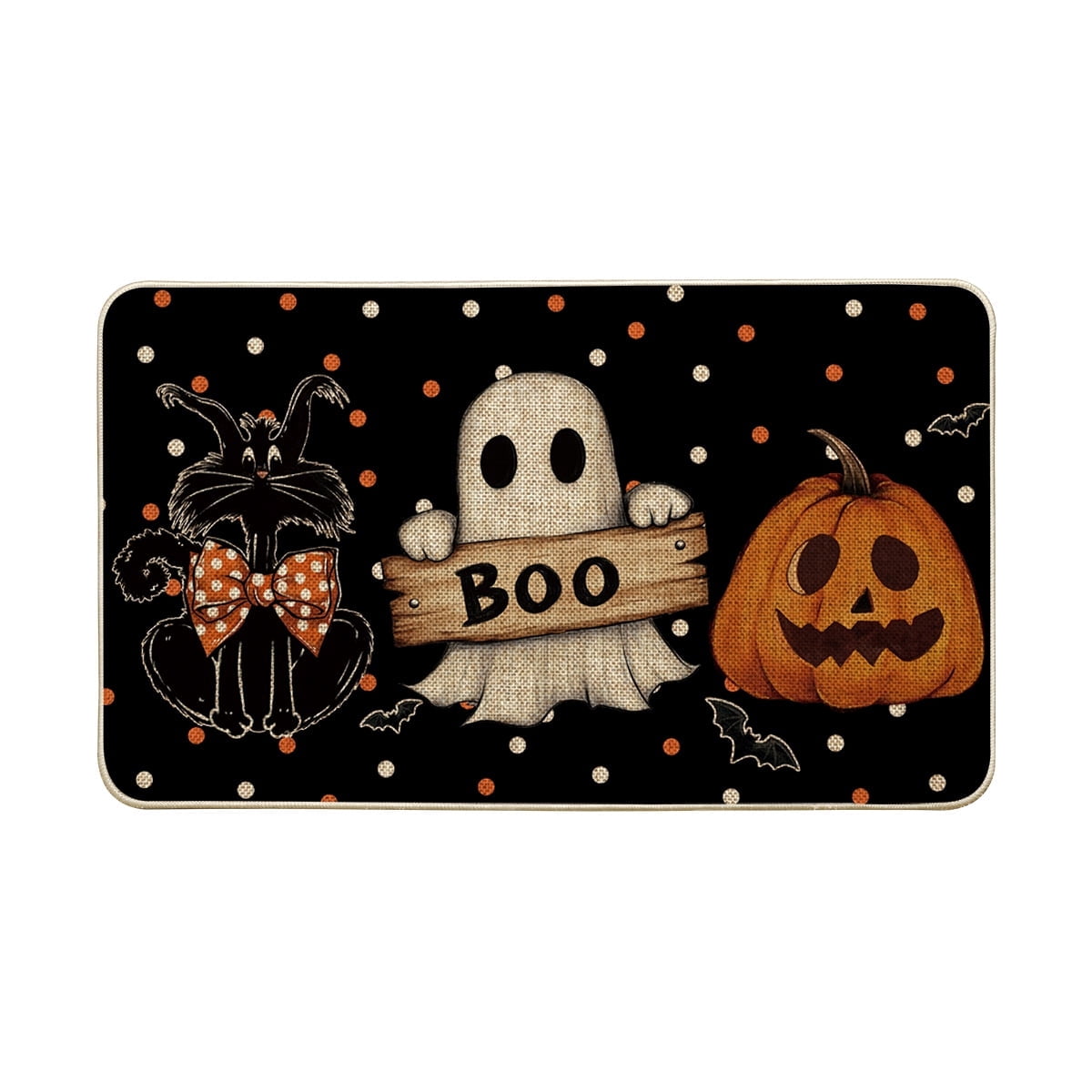 Sm:)e Polka Dot Black Cat, Jack-O'-Lantern, Ghost Halloween Welcome Doormat, 17x29 Inch