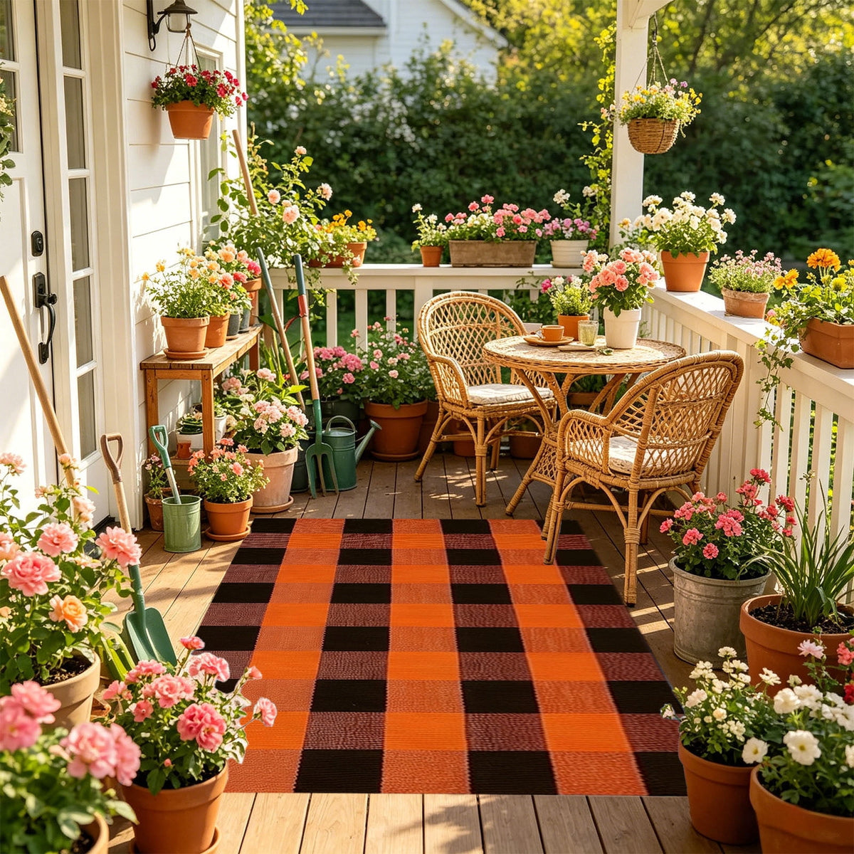Orange Plaid Fall Outdoor Mat, Hand-Woven Porch Rug for Thanksgiving Halloween Door Decor