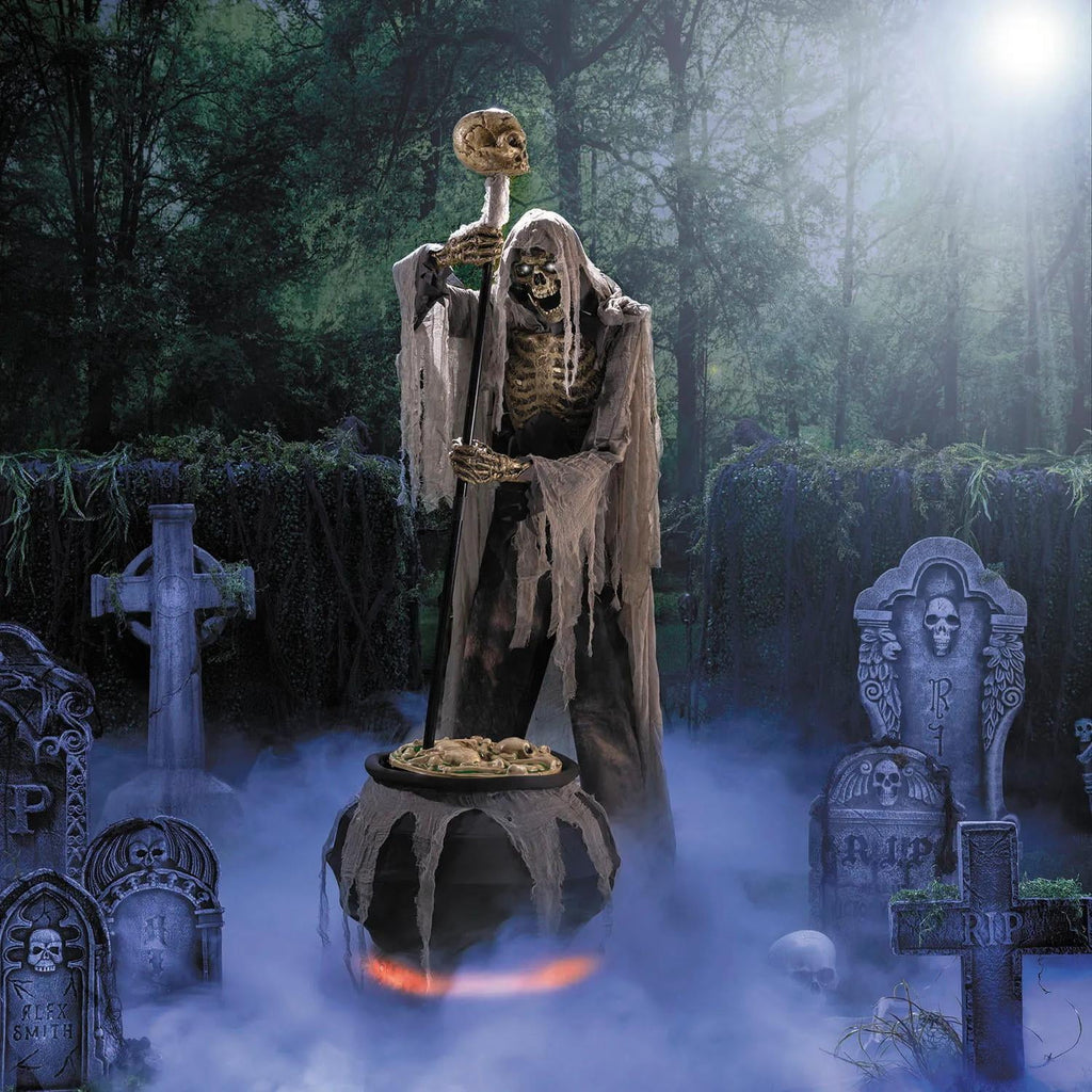 6 Ft. 7" Animated Light-Up Skeleton Stirring Cauldron Halloween Decoration