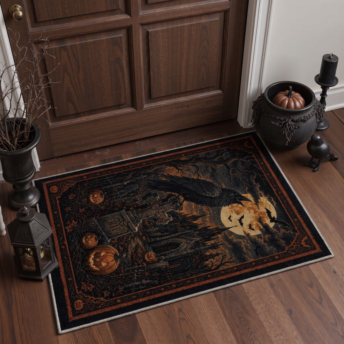 GENIMO 2'x7' Halloween Runner Rug, Washable Non Slip Soft Gothic Raven Indoor Outdoor Hallway Runner for Porch Patio Kitchen Entryway, Rust Orange