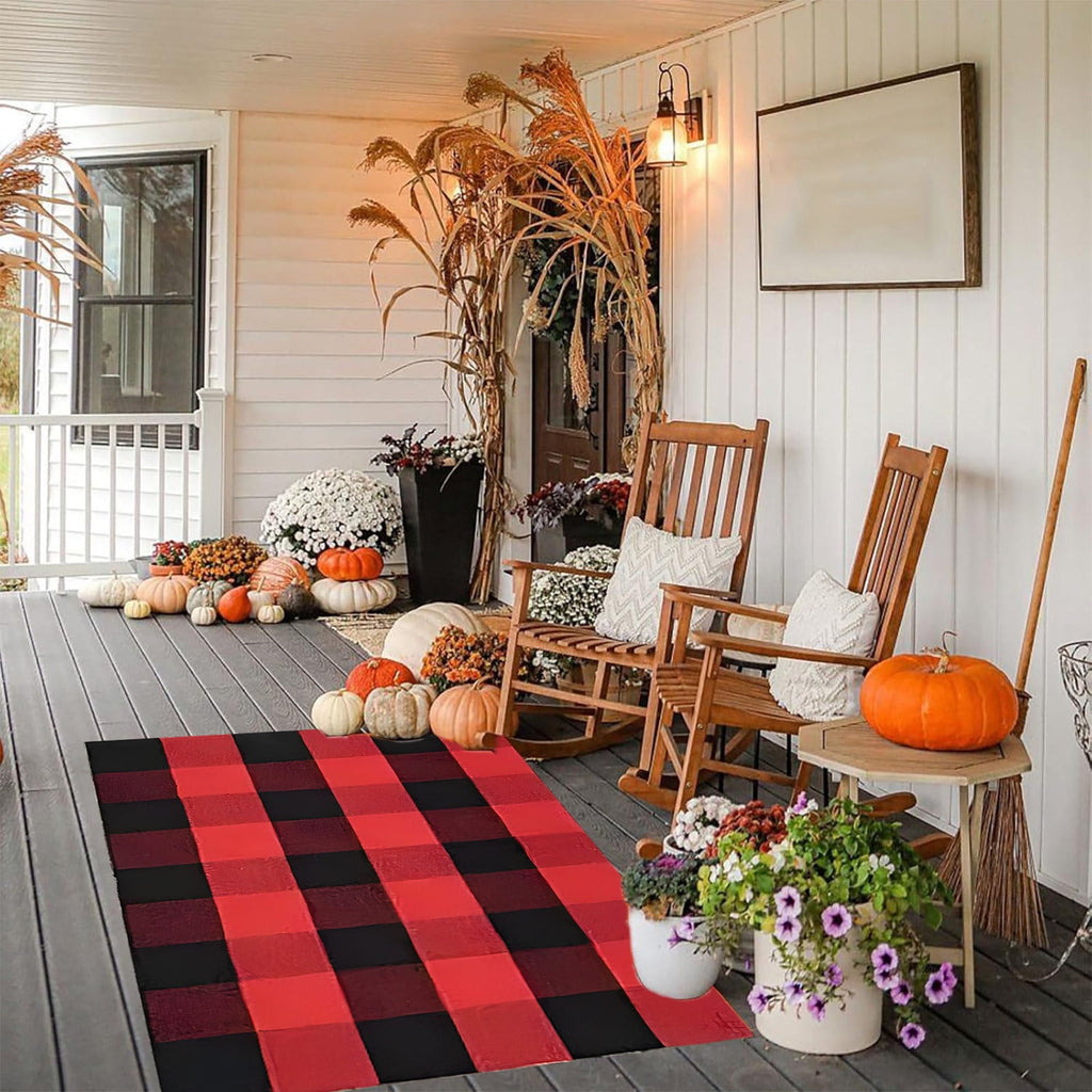 Orange Plaid Fall Outdoor Mat, Hand-Woven Porch Rug for Thanksgiving Halloween Door Decor