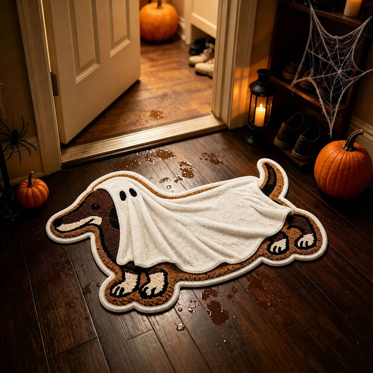 Dachshund Ghost Shaped Doormat, Wiener Dog Ghost Rug for Halloween Front Porch Entry Decor