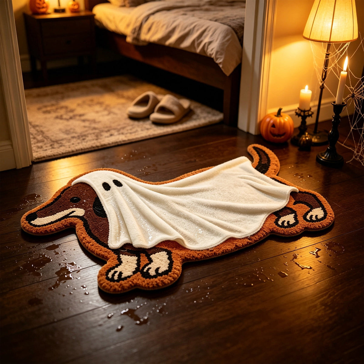16"x24" Dachshund Ghost Doormat, Soft Faux Fur Non-Slip Halloween Floor Mat, Water Absorbent Entry Rug Spooky Decor Party Props