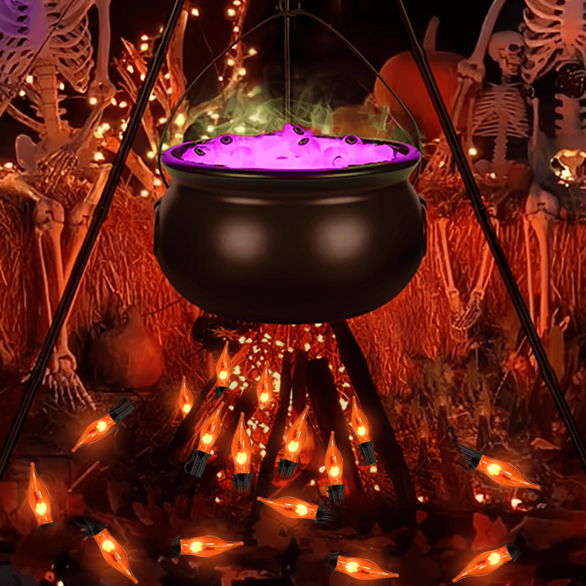 Halloween Lights Flickering Flame String Lights with 12 Pack C7 Orange Flame Light Bulbs (2 Spare), 12.8Ft Orange Flame String Lights for Indoor Outdoor Home Party Yard Halloween Decorations
