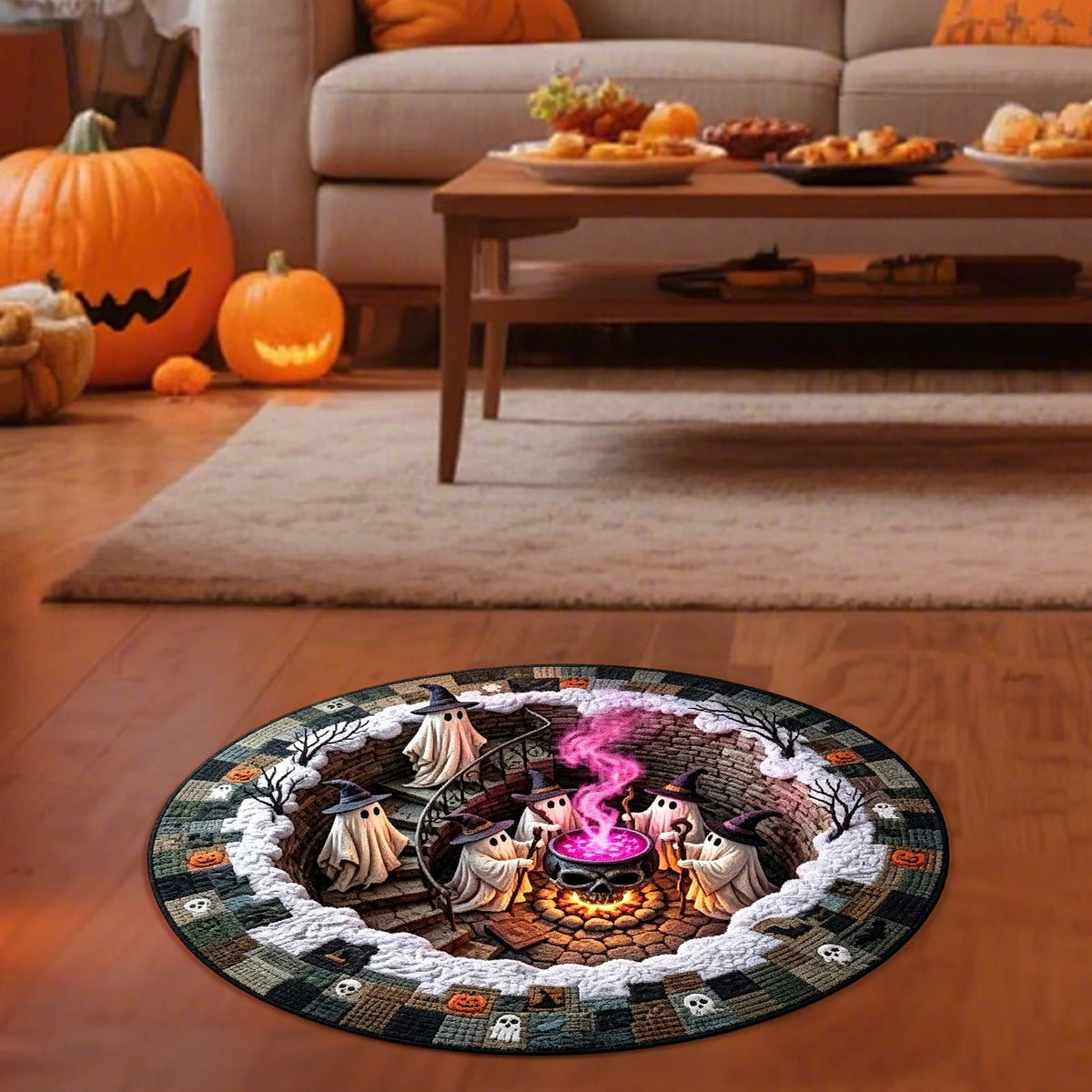 Halloween Round Rug Optical Ghost Pumpkin Mat 15.75in Diameter Polyester Skidproof & Soft for Entryway Bedroom Party by MPOISVA