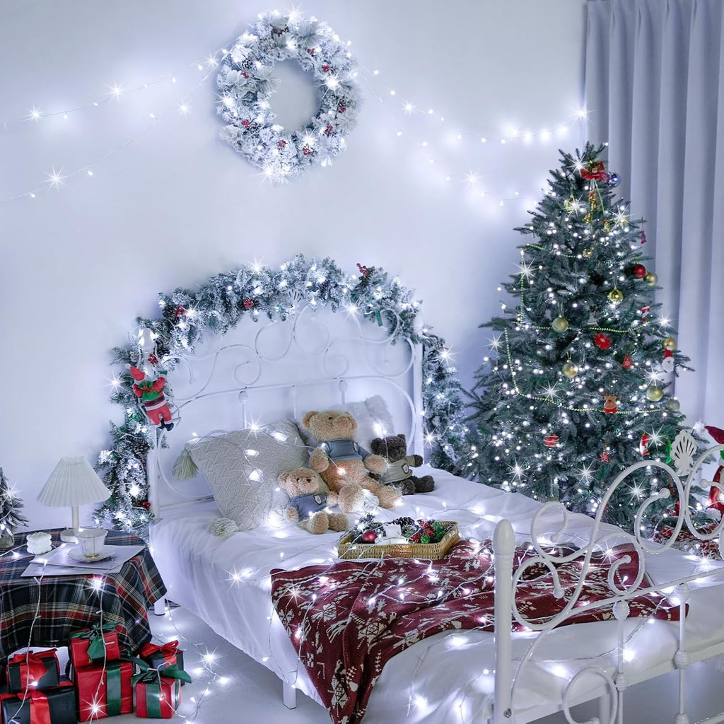 JMEXSUSS 33ft 100 LED White Christmas Lights, 8 Modes Connectable Clear Wire Twinkle Fairy String Lights Indoor, Plug-in Christmas String Lights Outdoor Waterproof for Christmas Wedding Party Tree