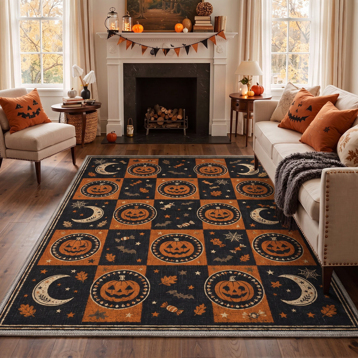 GENIMO 2'x7' Halloween Runner Rug, Washable Non Slip Soft Vintage Witch Indoor Outdoor Hallway Runner for Porch Patio Kitchen Entryway, Vintage Black