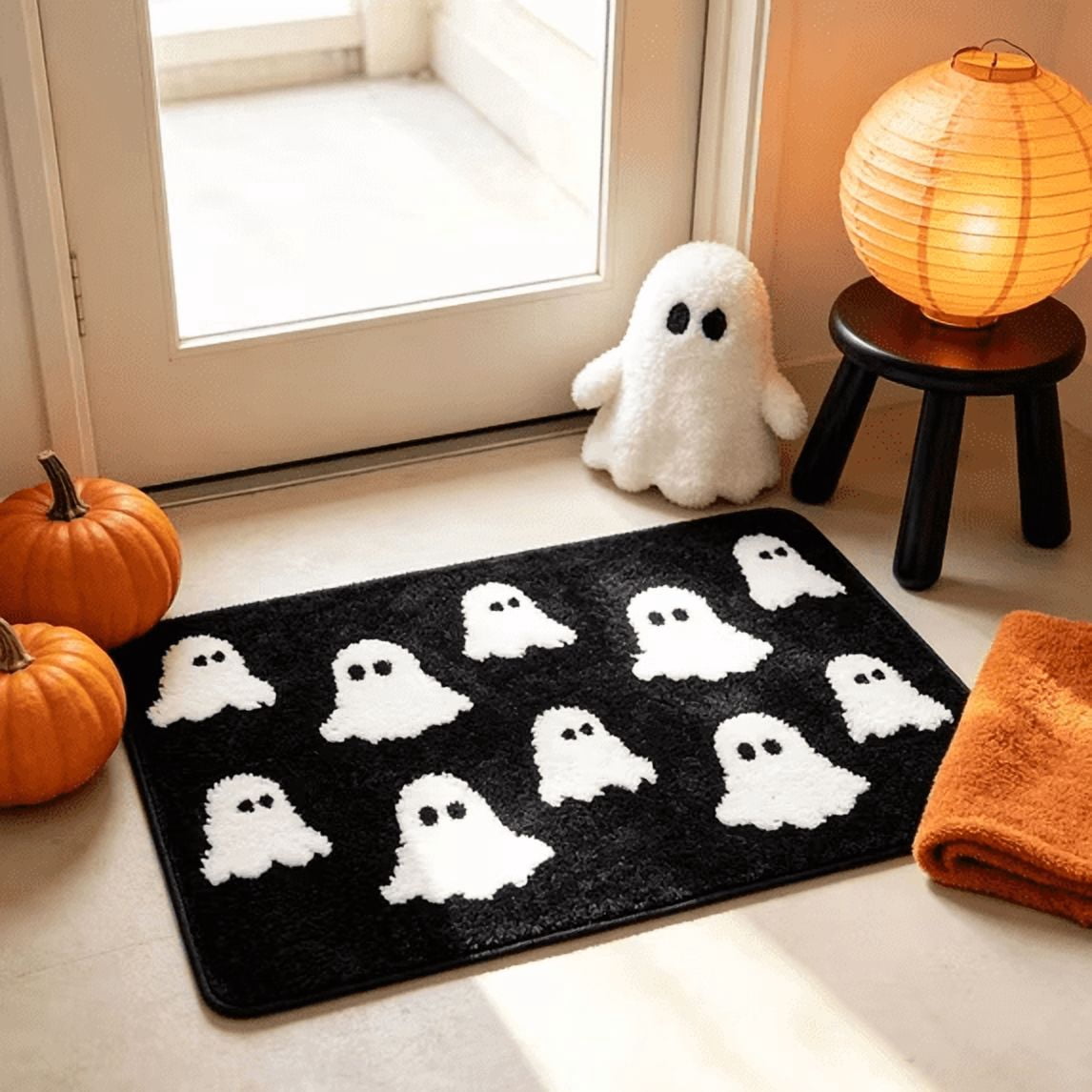 Halloween Doormat Ghost Bath Mat 23.6x15.7in Secure-Grip Absorbent Soft Faux Fur Rug for Bathroom Bedroom Living Room Decor by OVFUIZ