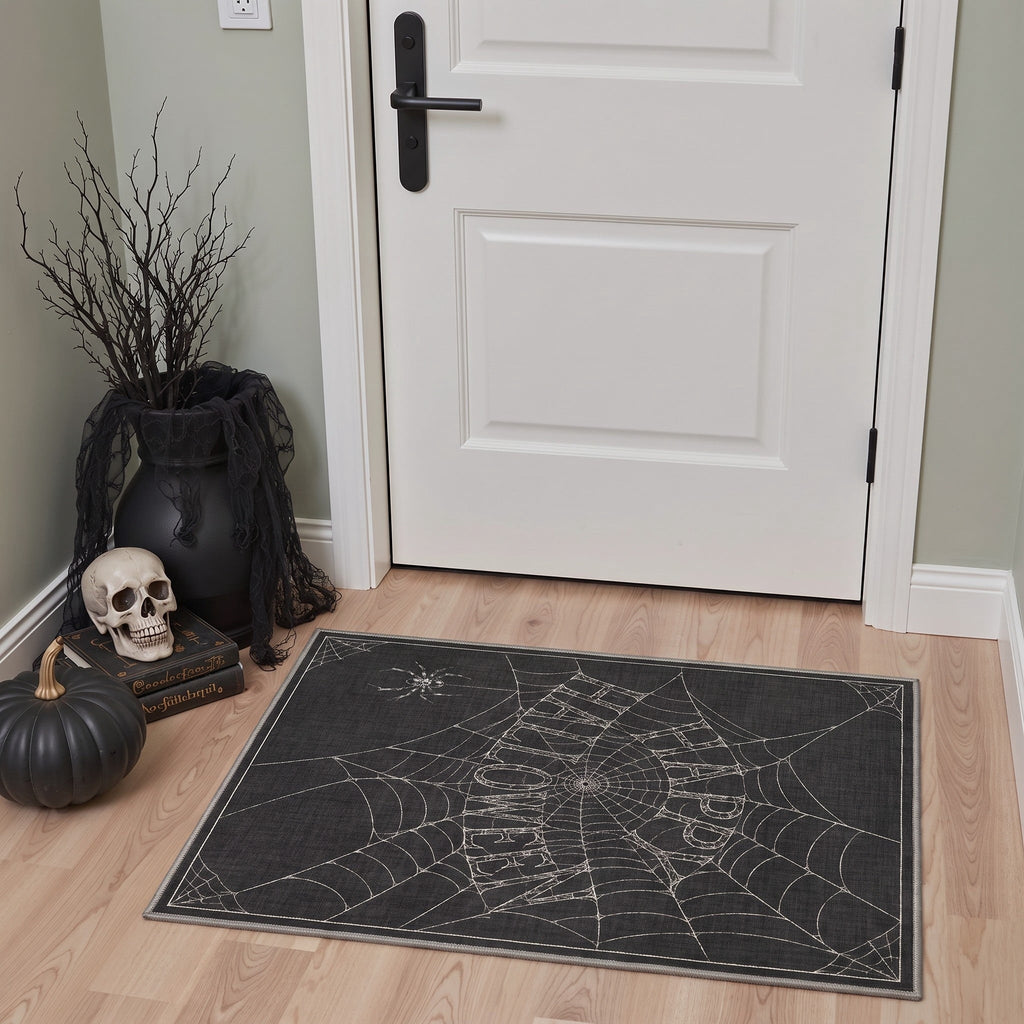 GENIMO 2'x7' Halloween Runner Rug, Washable Non Slip Soft Whimsical Skeleton Indoor Outdoor Hallway Runner for Porch Patio Kitchen Entryway, Charcoal Black