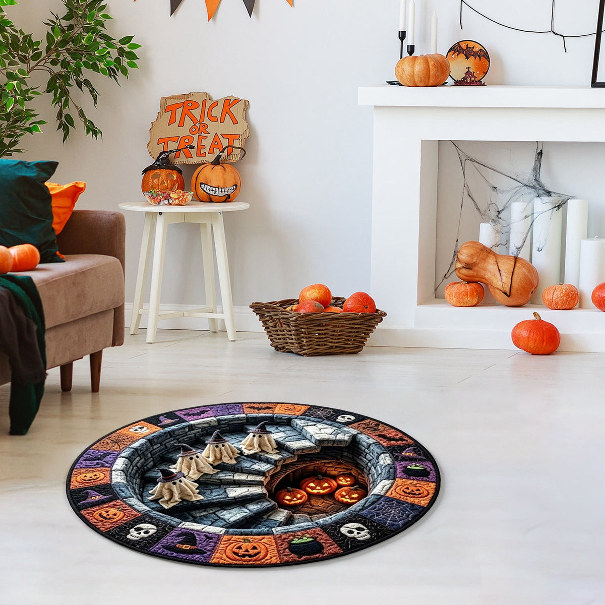 Halloween Round Rug Optical Ghost Pumpkin Mat 15.75in Diameter Polyester Skidproof & Soft for Entryway Bedroom Party by MPOISVA