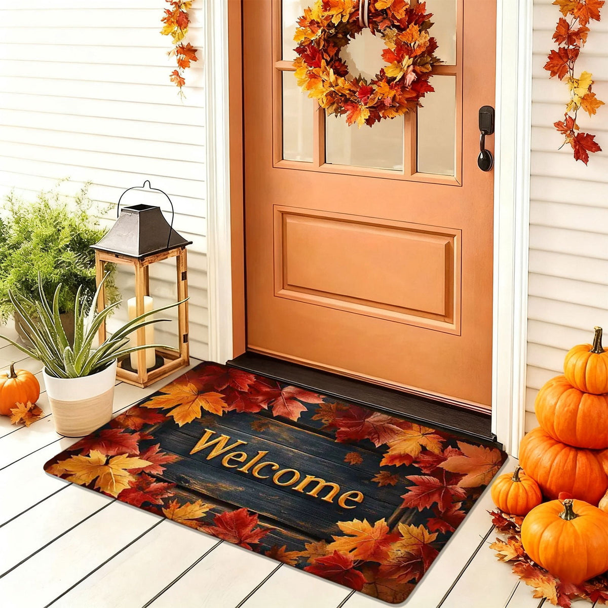 Fall Welcome Maple Leaves Decorative Doormat,Fall Pumpkins Maple Leafs Door mat Indoor Outdoor Entrance Floor Mat Non Slip Autumn Entry Mat for Thanksgiving Porch Front Door Decor 23.62*15.75in（A）