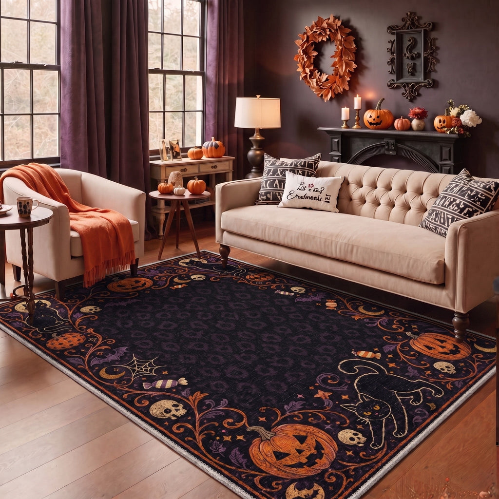 GENIMO 5'x7' Halloween Area Rug for Living Room, Washable Non Slip Soft Farmhouse Pumpkin Indoor Rug for Bedroom Dining Room Home Office, Vintage Sepia