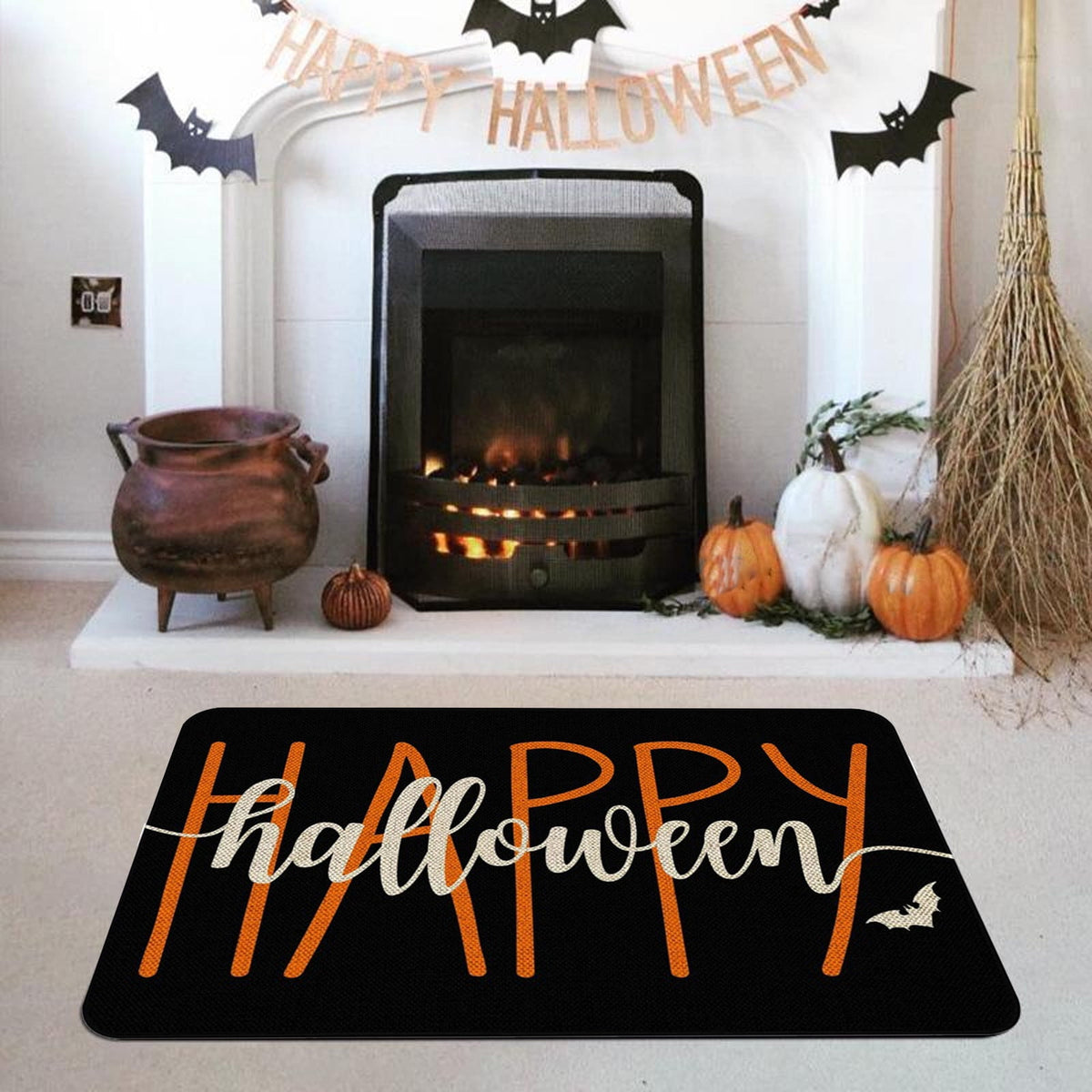 Orange Plaid Fall Outdoor Mat, Hand-Woven Porch Rug for Thanksgiving Halloween Door Decor