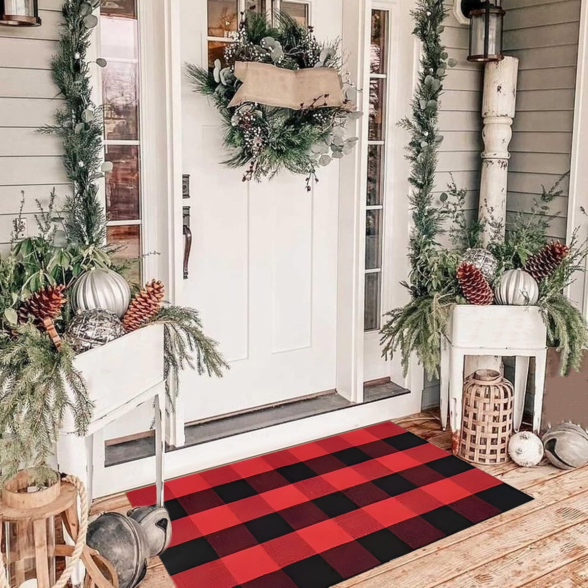 Fall Buffalo Plaid Rug Outdoor Doormat,Hand-Woven Checkered Doormat Layered Entryway Decor, Non-Slip Front Porch Mat Farmhouse Patio Rug, Halloween Thanksgiving Seasonal Outdoor Rug