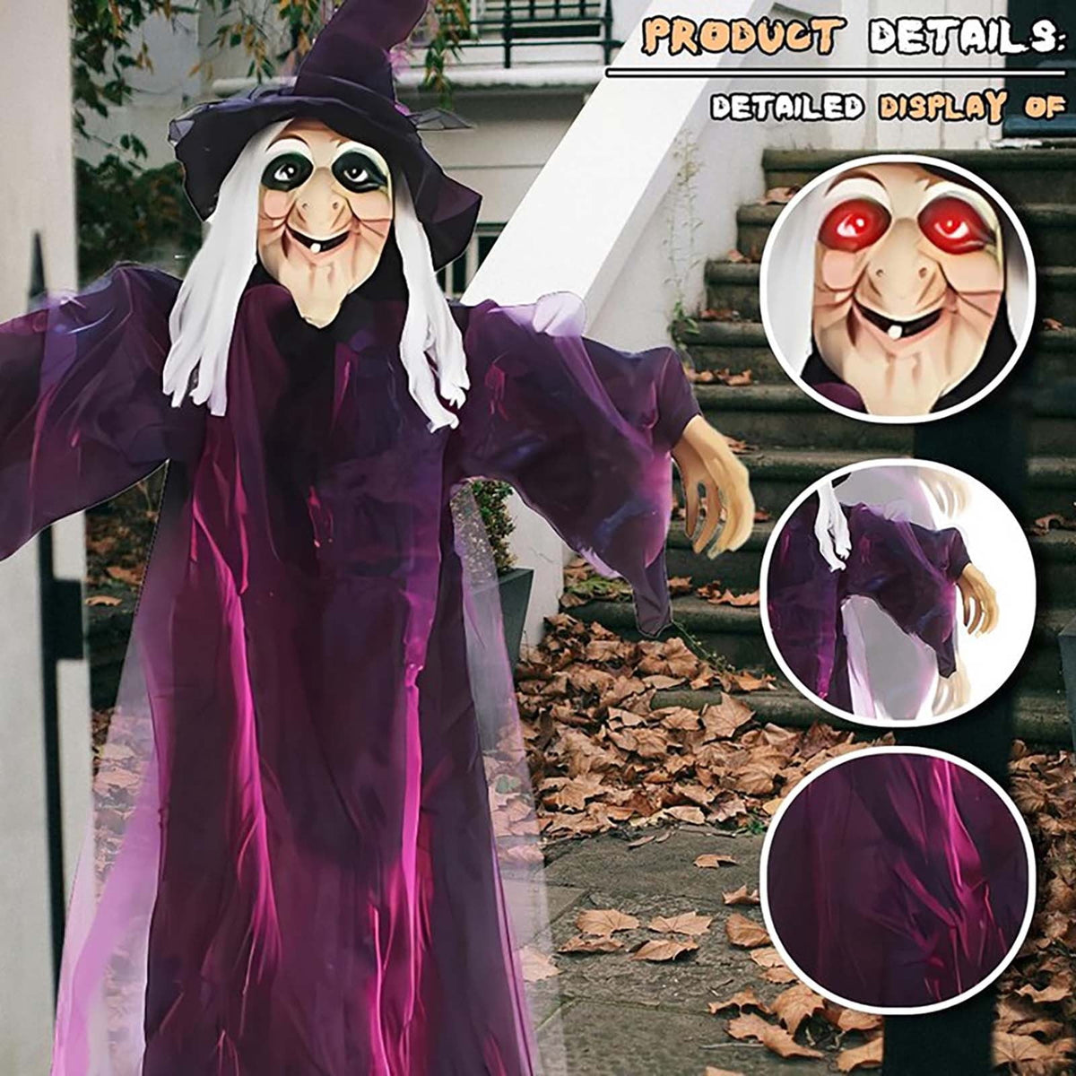 Loyerfyivos Halloween Animatronics Decoration Indoor and Outdoor, 70.87" Animated Halloween Witch with Sound Activation and Light Up Eyes, Life-Size Hanging Talking Witch, Adjustable Arms