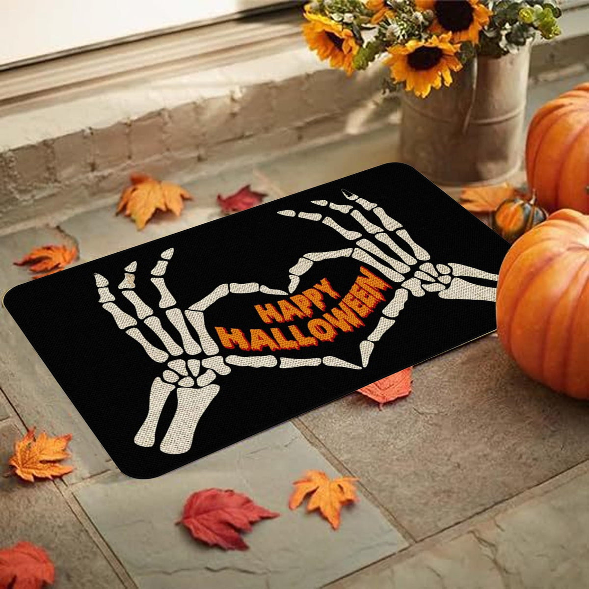 Orange Plaid Fall Outdoor Mat, Hand-Woven Porch Rug for Thanksgiving Halloween Door Decor