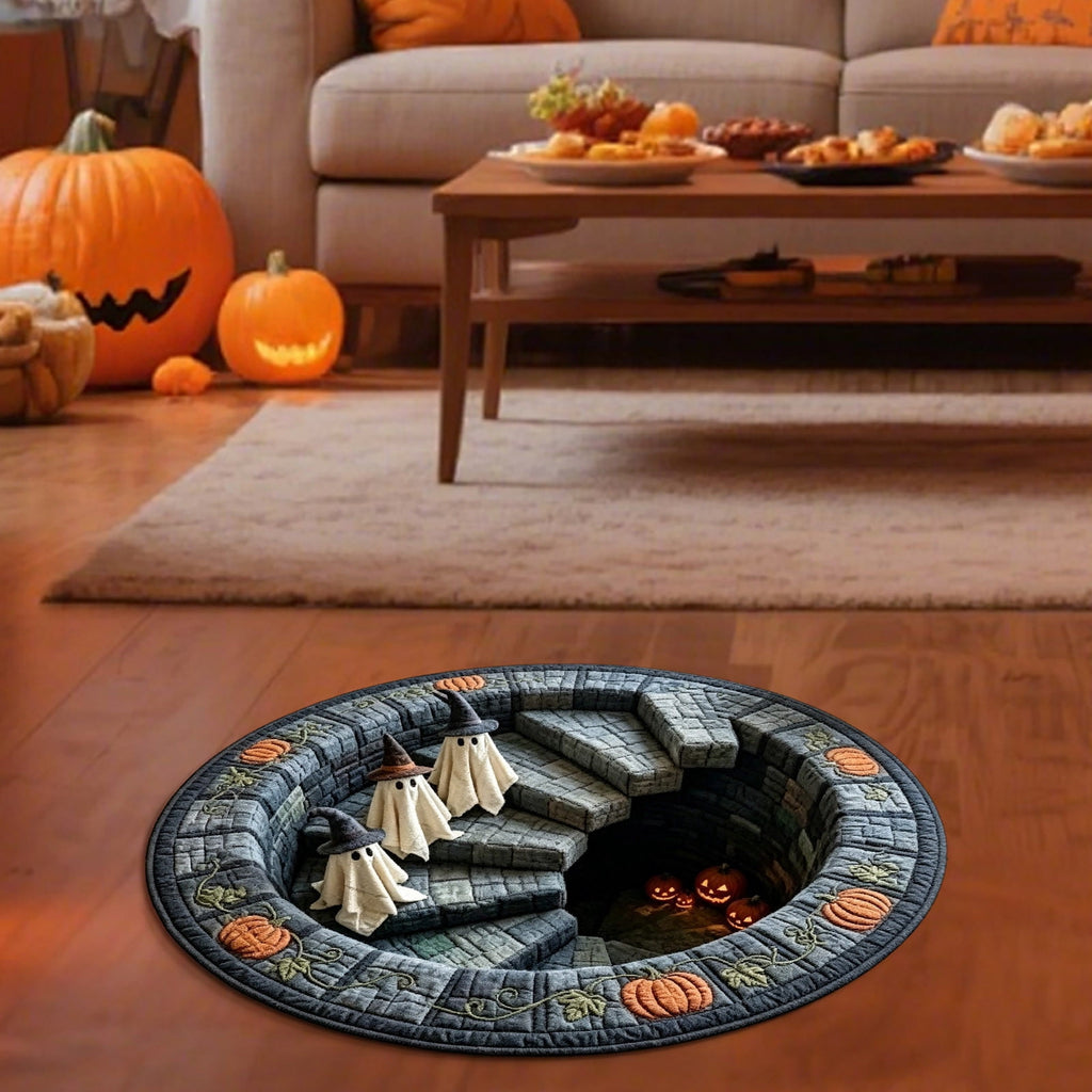 3D Illusion Halloween Round Rug 15.7 Inch, Ghost Pumpkin Spiral Staircase Print Decorative Floor Mat for Entryway Living Room Bedroom Indoor Holiday Home Decoration